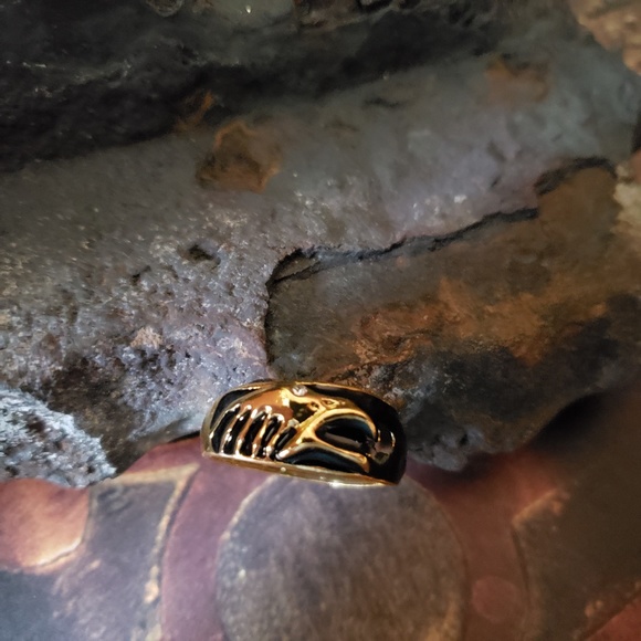 18K Gold Plated Polished Black Enamel Golden Eagle CZ Diamond Ring -Size 10 - Picture 2 of 4